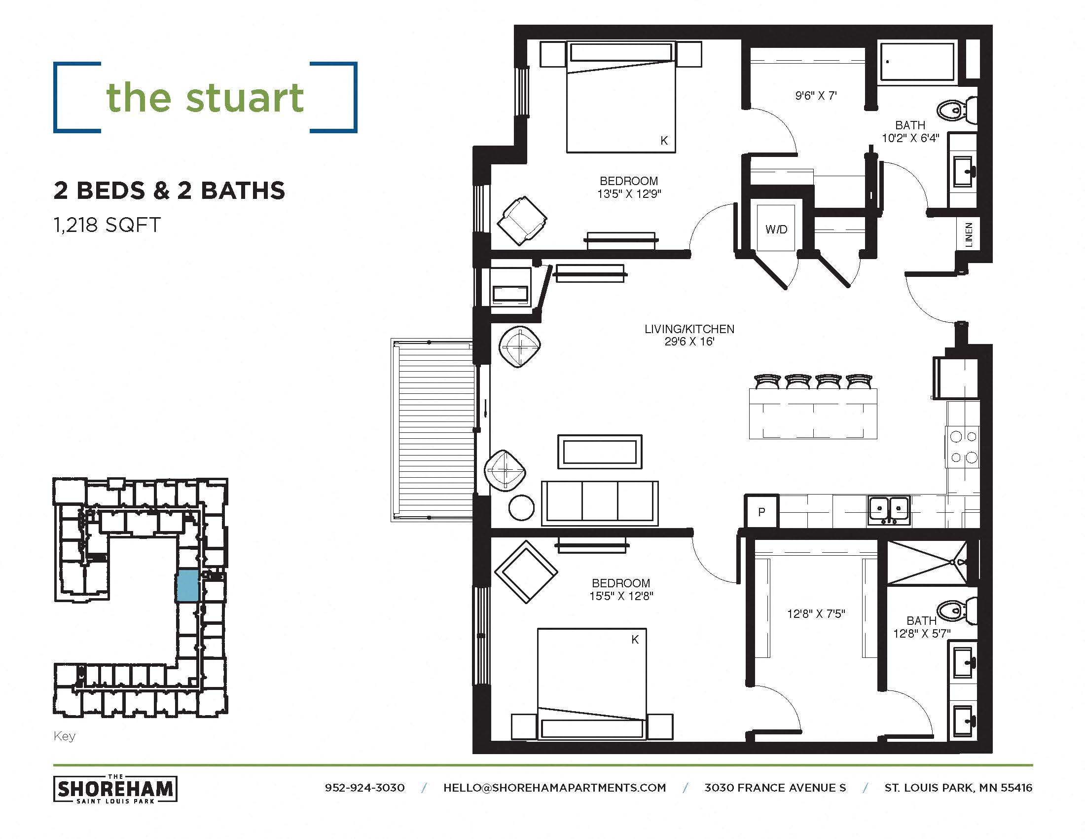 Floor plan for 2 beds, 2 baths, 1218 sqft